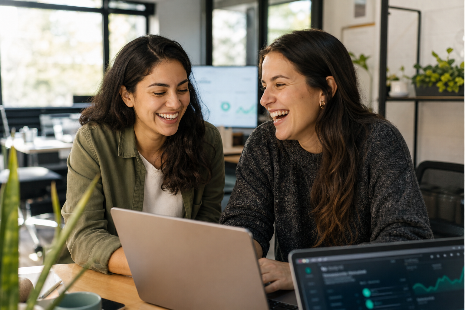 Dos especialistas sonriendo en la oficina de hostingcom